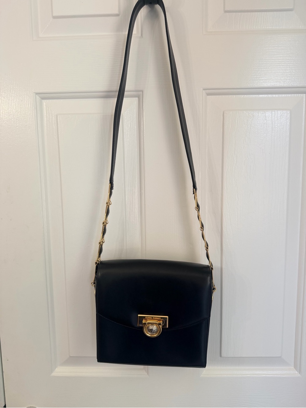 Versace Classic Black Leather Crossbody Shoulder Bag with Gold Hardware